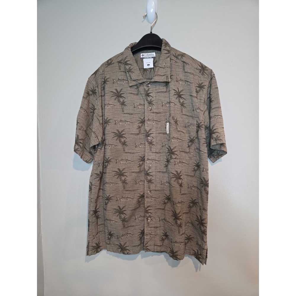 Columbia Fish Palm Tree Fishing Shirt Button Down Men Large Brown Graphic Cotton
